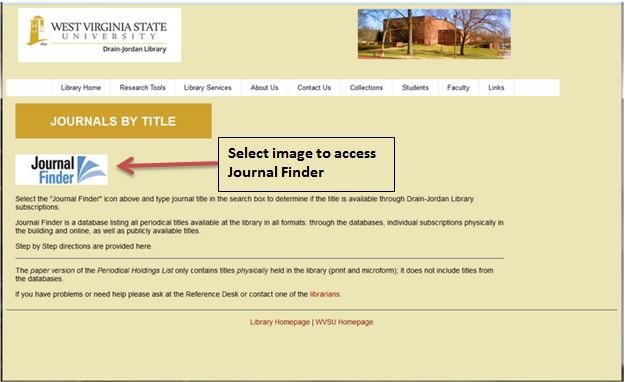 Arrow pointing to Journal Finder icon, marked "select image"